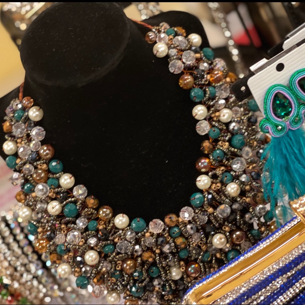 Statement Bib Necklace-Teal/Brown